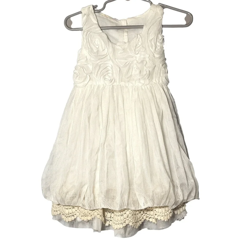 White Petal Mesh Puff Layered Dress Rosette Tulle Crochet Lace Trim Wedding